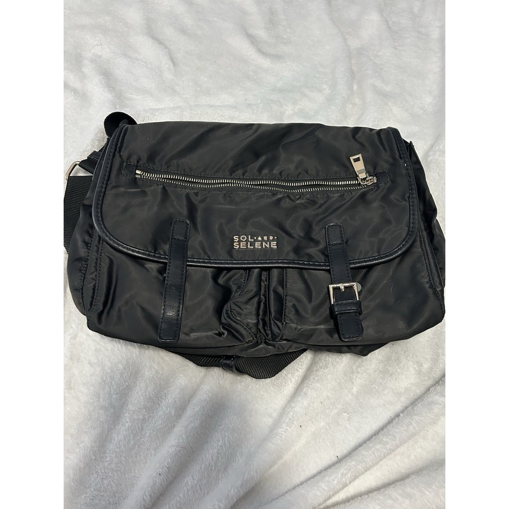 Sol and Selene Black Messenger Bag Buckle Accents Pockets Shoulder Strap